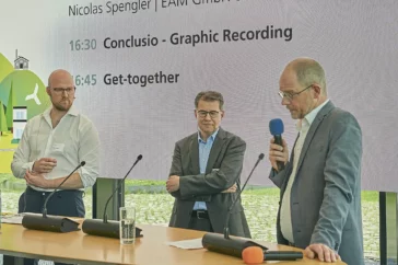 Thema Verkehrswende: (v.l.) Nicolas Spengler (EAM), Prof. Dr. Carsten Sommer (Uni Kassel) und Moderator Sebastian Mense. (Foto: Stefan Bönning / IHK-Magazin Wirtschaft Nordhessen )